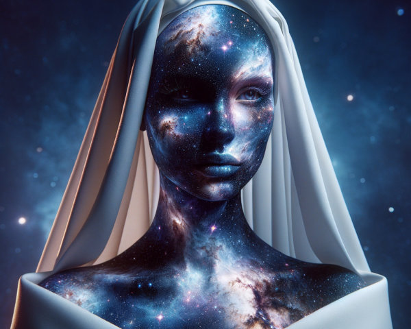 Cosmic-Themed Mannequin with Galaxy Pattern and Veil