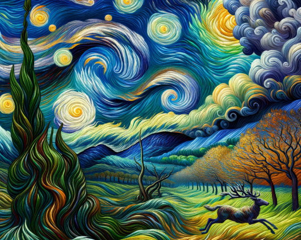 Vibrant Swirling Landscape Depicting a Starry Night