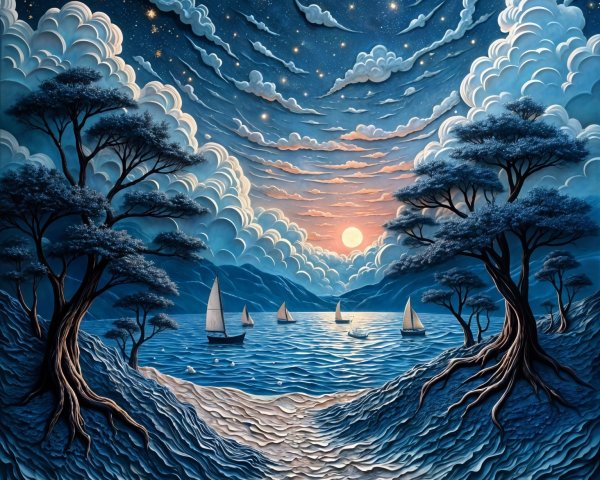 Serene Seascape with Waves and Silhouetted Boats