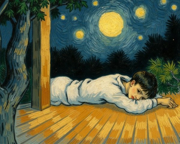 Young Boy Gazing at Starry Night from Wooden Floor
