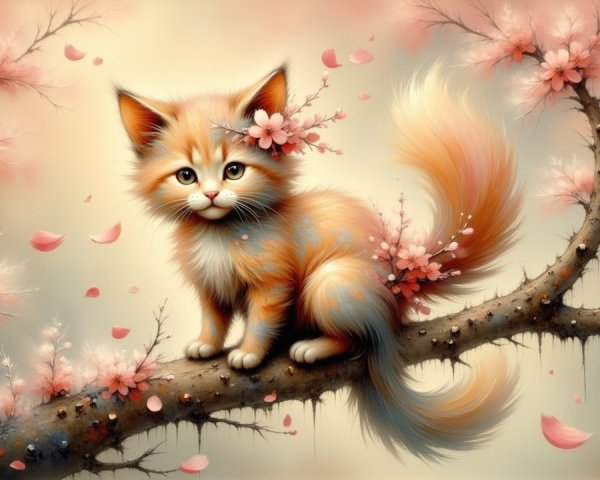Orange and white kitten on a cherry blossom branch