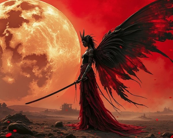 Dark Figure with Wings in Red Landscape and Full Moon