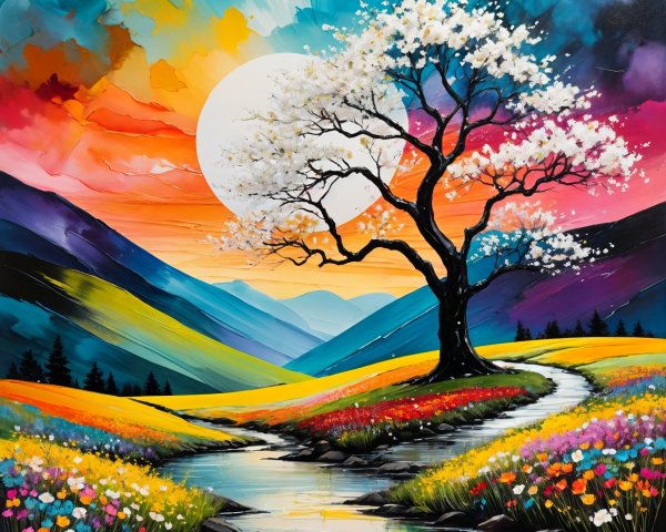 Vibrant Landscape with Flowering Tree and Stream