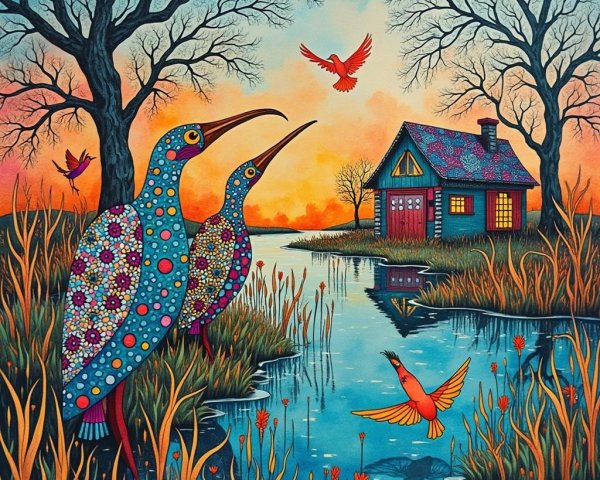 Whimsical Landscape with Colorful Birds and Cozy House