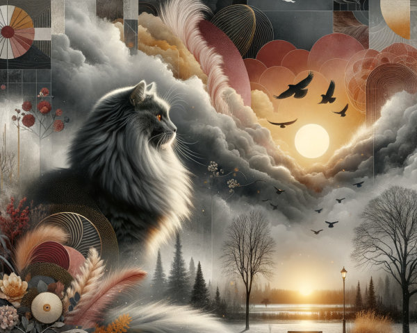 Serene Fantasy Landscape with Majestic Cat and Sunset