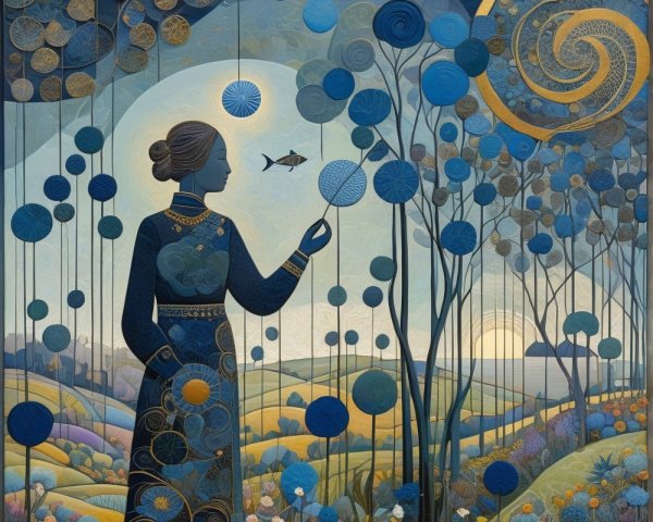 Serene Woman in Blue Landscape with Whimsical Elements