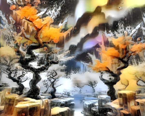 Surreal Landscape with Twisted Trees and Ice Formations
