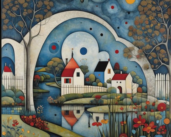 Whimsical Landscape with Colorful Houses and Pond