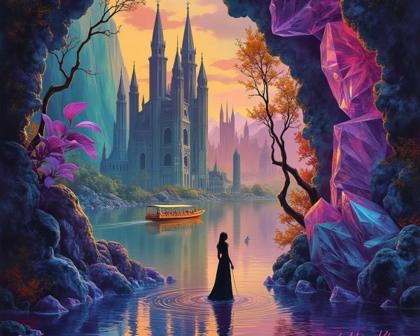 Majestic castle in serene landscape at sunset