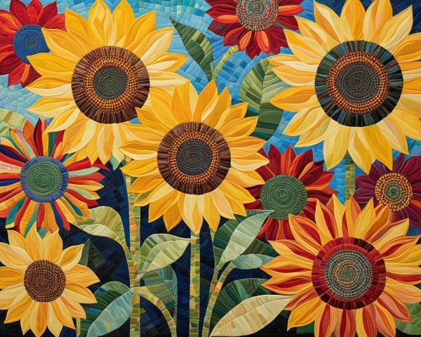 Vibrant quilt design with sunflowers and colorful flowers
