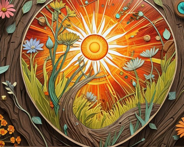 Vibrant Sunburst Scene with Colorful Flowers and Vines