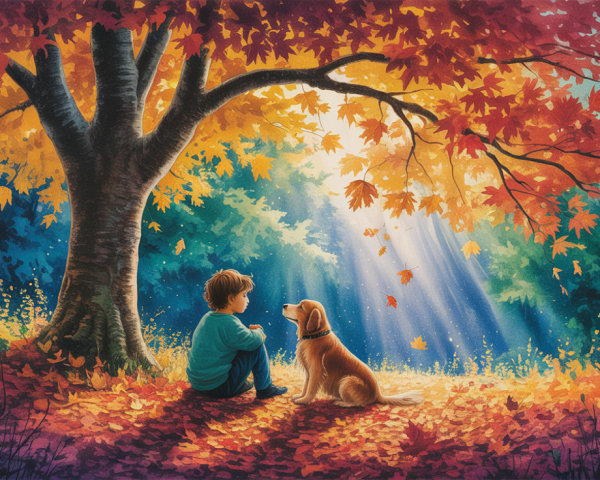 Boy and Golden Retriever on Autumn Leaves