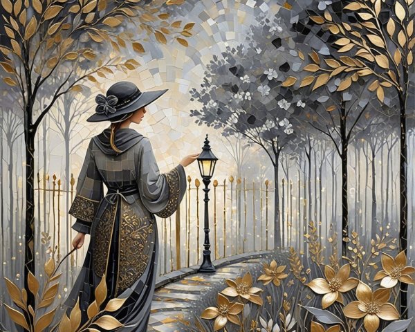 Vintage Woman on Winding Path Surrounded by Nature