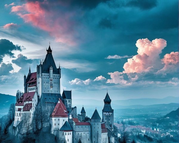 Majestic castle on a hillside with dramatic sky