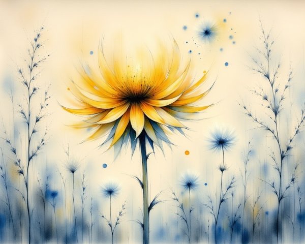 Vibrant Abstract Yellow Flower with Blue Plants