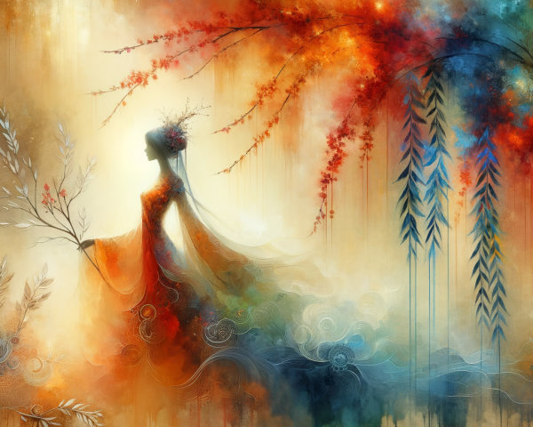 Silhouette of a woman in a vibrant gown with colors