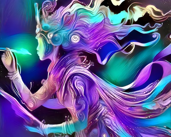Colorful Figure with Ethereal Hair in Cosmic Scene