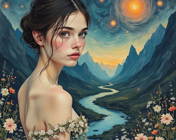 Young woman in floral gown in a fantasy landscape