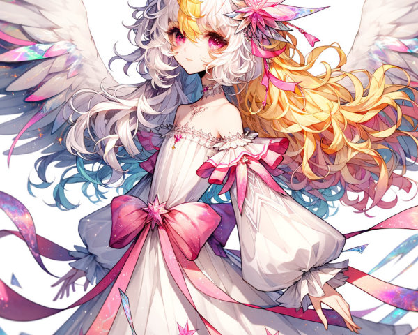 Fantastical character with colorful hair and wings