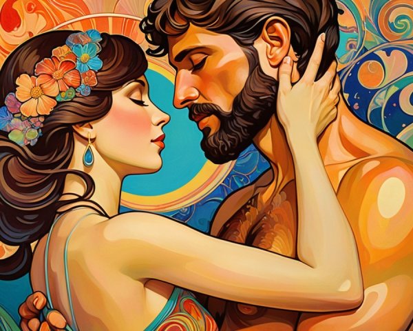 Couple Embracing in a Colorful Romantic Scene