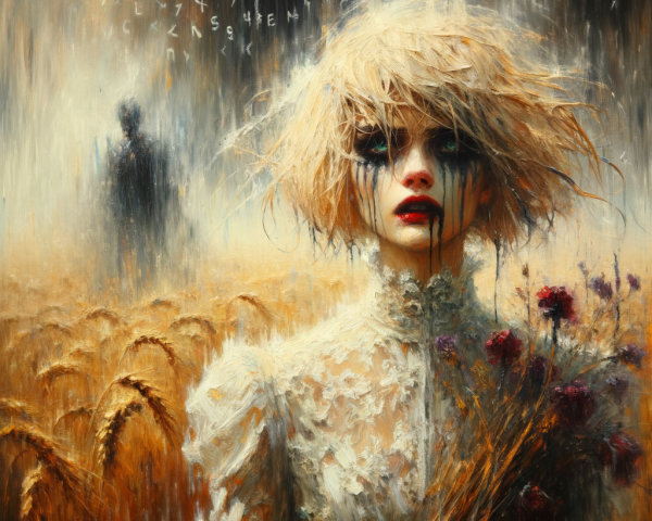 Girl in Dramatic Makeup Surrounded by Wheat Fields