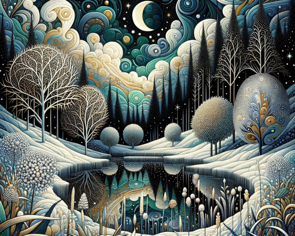 Dreamy Winter Landscape Under Starry Night Sky