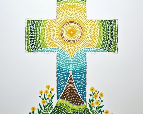 Vibrant Cross Design with Dot Patterns and Nature Elements