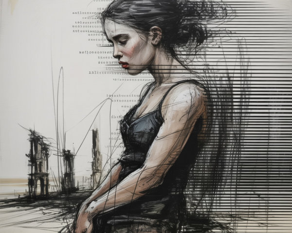 Somber Woman in Thought with Abstract Background Elements