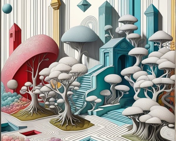 Whimsical Landscape with Stylized Trees and Geometric Forms