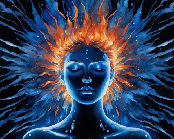 Portrait of a Serene Figure with Fiery Hair and Water Droplets