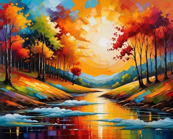 Autumn River Landscape with Colorful Trees and Sky