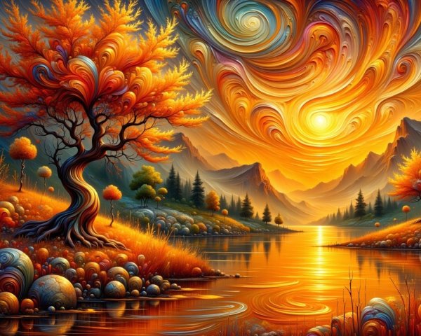 Vibrant Sunset Over Serene Lake with Twisted Tree
