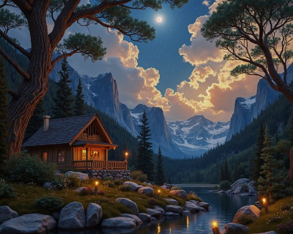 Serene Cabin by River with Mountains at Twilight