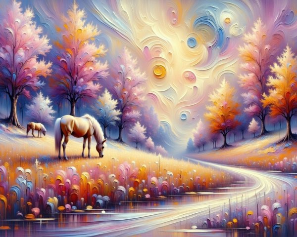 Vibrant Landscape with Horses by a Sparkling River