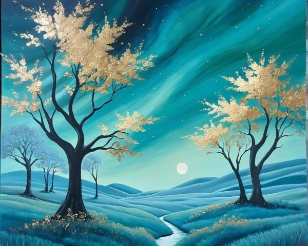 Serene Landscape with Rolling Hills and Starry Sky