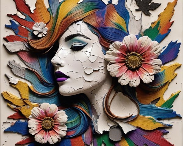 Mixed Media Artwork of Stylized Female Face and Colors