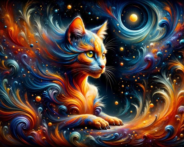 Cosmic Cat in Vibrant Swirls and Celestial Orbs