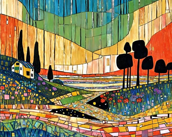 Vibrant Abstract Landscape with Mosaic Style Elements