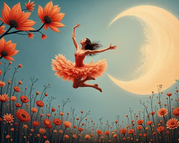 Dancer in Floral Dress Amidst Enchanted Garden Scene