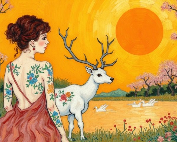 Woman with Floral Tattoos by Tranquil Pond Scene