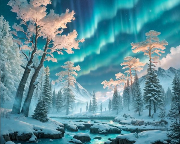 Serene Winter Landscape with Aurora Borealis and Mountains