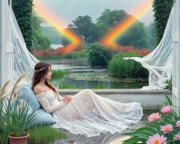 Serene Scene of Woman by Tranquil Water and Rainbows