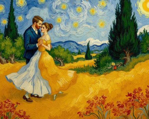 Couple Dancing in a Vibrant, Starry Landscape