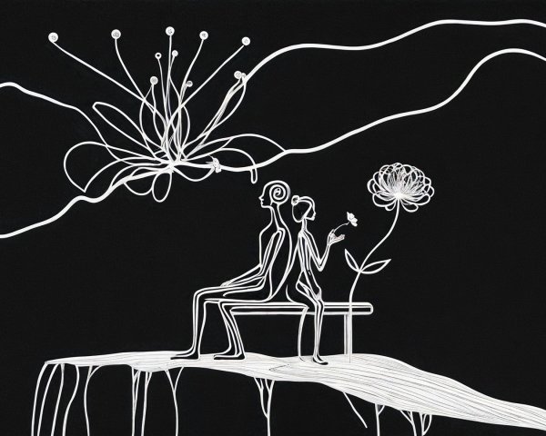 Abstract Figures on Bench in Minimalist Landscape