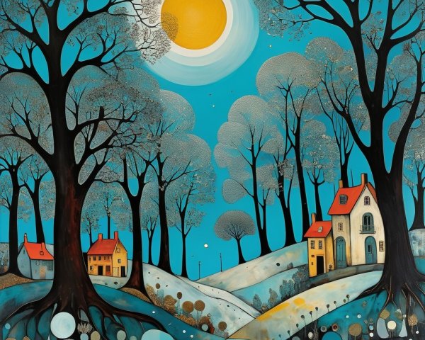 Whimsical Landscape with Silver Trees and Quaint Houses
