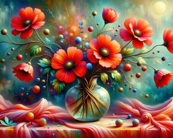 Vibrant Red Flower Bouquet in Glass Vase with Ribbons