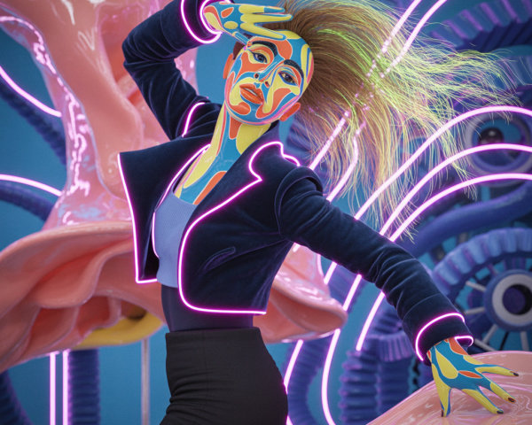 Surreal Digital Art with Colorful Body Paint and Neon Lights