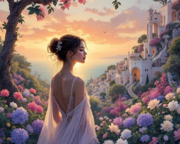 Young woman in vibrant garden at sunset scene