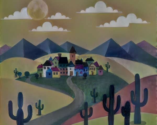 Whimsical Desert Landscape with Quaint Village and Hills