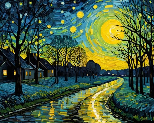 Moonlit River Scene with Stars and Silhouetted Trees